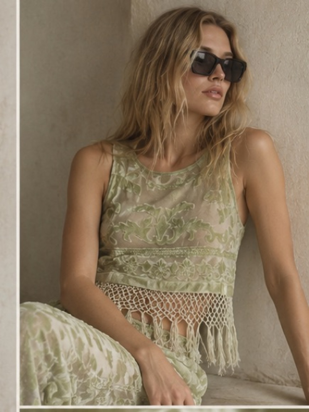 Seafoam Green Floral Fringe Top and Pants Set